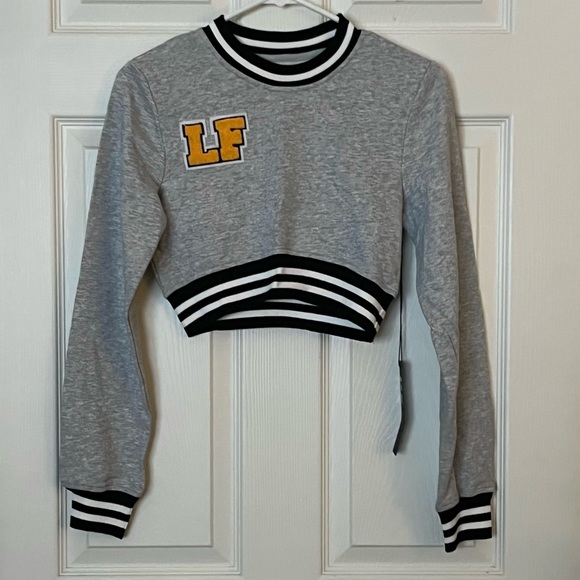 NWT LF the Brand Gray Yellow Varsity Patch Letter LF Cropped Sweatshirt Small - Picture 5 of 9